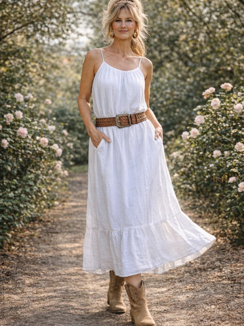 Dee Elle Women's White Sleeveless Linen Maxi Dress with daisy embroidere straps